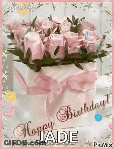 Birthday Card With Pink Roses And Jade GIF