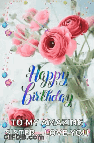 Birthday Card With Pink Roses And Love You GIF