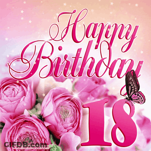 Birthday Card With Pink Roses And Number 18 GIF