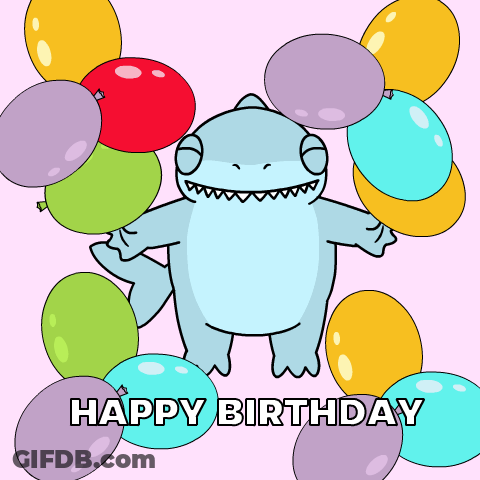 Birthday Card With Shark Surrounded By Balloons GIF