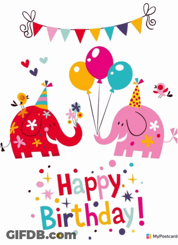 Birthday Card With Two Elephants Holding Balloons GIF