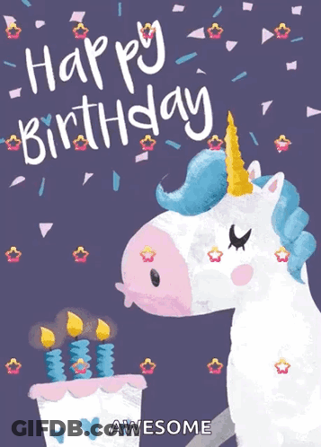 Birthday Card With Unicorn And Cake With Candles GIF
