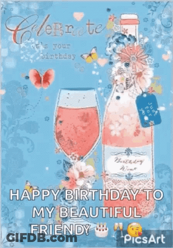 Birthday Card With Wine Bottle And Two Wine Glasses GIF
