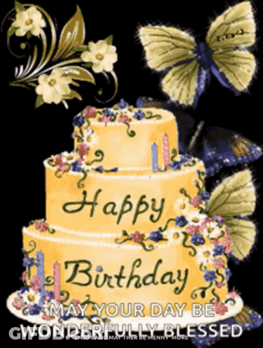 Birthday Card With Yellow Cake And Butterflies Saying Happy Birthday May Your Day Be Wonderfully Blessed GIF