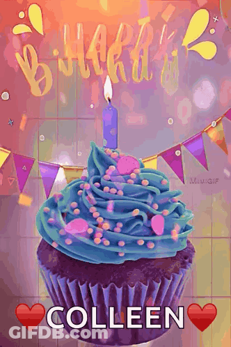 Birthday Cupcake With Blue Frosting And Colleen Candle GIF