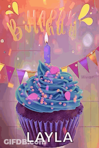 Birthday Cupcake With Candle And Name Layla GIF