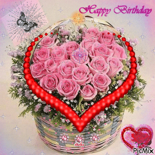 Birthday Flowers Pink Roses Basket Heart GIF