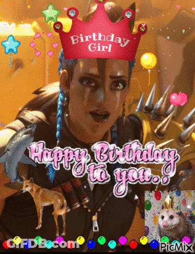 Birthday Girl In Pink Crown With Animals And Balloons GIF