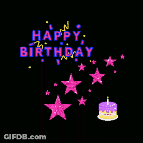 Birthday Greeting Card With Cake And Pink Stars GIF