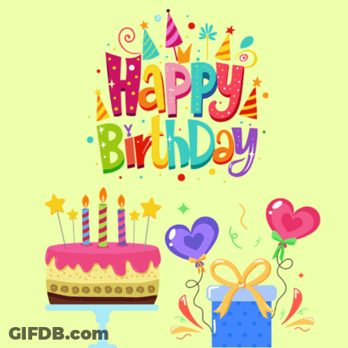 Birthday Greeting Card With Cake Balloons Gift GIF