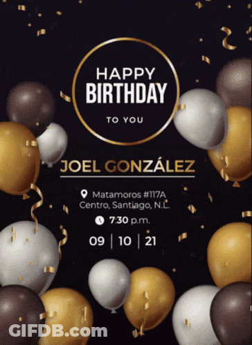 Birthday Invitation For Joel Gonzalez With Balloons And Confetti GIF