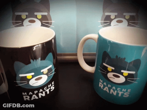 Black And Blue Mapache Rants Mug With Cat GIF