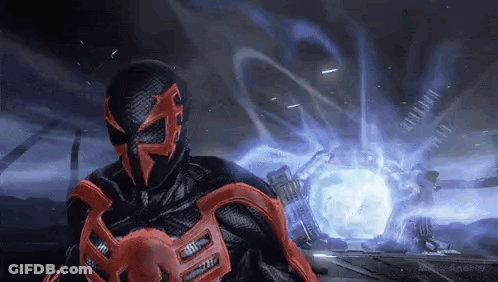 Black And Red Spiderman With Blue Light In Video Game GIF