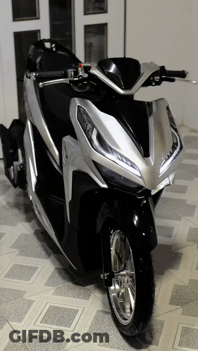 Black And Silver Scooter Parked In Front Of Door GIF