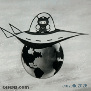 Black And White Alien Flying Over Globe 2025 GIF