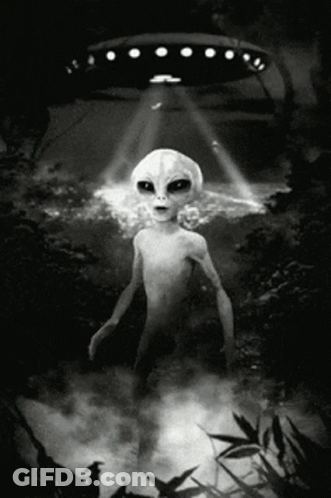 Black And White Alien Standing In Front Of UFO GIF