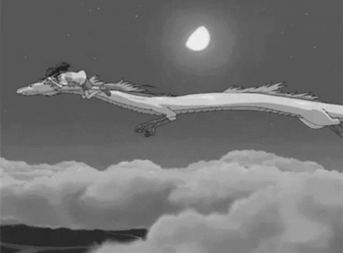 Black And White Anime Dragon Flying Spirited Away GIF