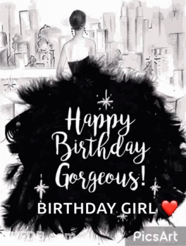 Black And White Birthday Card With Woman In Black Dress GIF