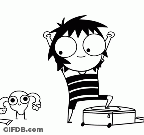 Black And White Boy With Big Eyes Next To Suitcase GIF