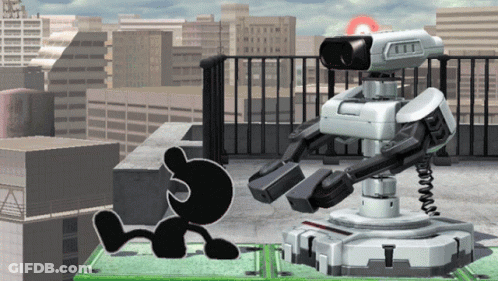 Black And White Cartoon Character Beside Robot GIF