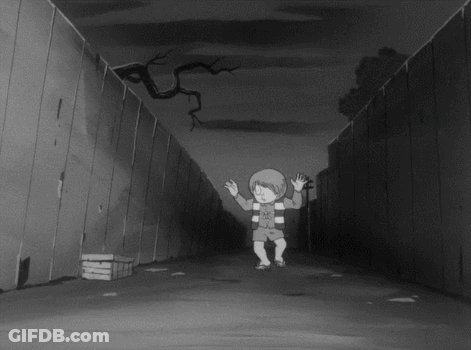 Black And White Cartoon Character In Hallway GIF