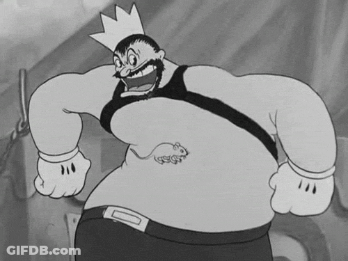 Black And White Cartoon Character With Crown And Mouse On Belly GIF