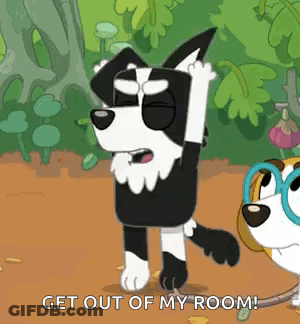 Black And White Cartoon Dog Standing Next To Another Dog Get Out Of My Room GIF