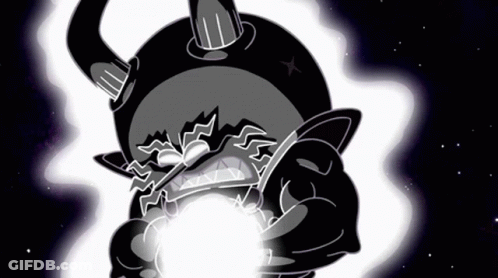 Black And White Cartoon With Horns Holding Lightning Bolt GIF