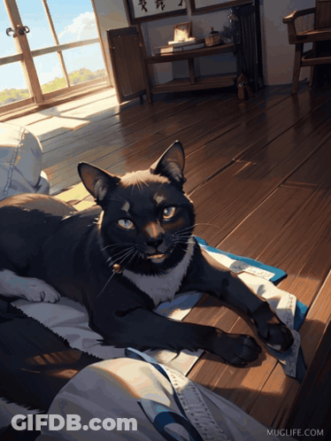 Black And White Cat Laying On Wooden Floor Muglife GIF