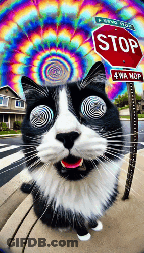 Black And White Cat With Stop Sign GIF