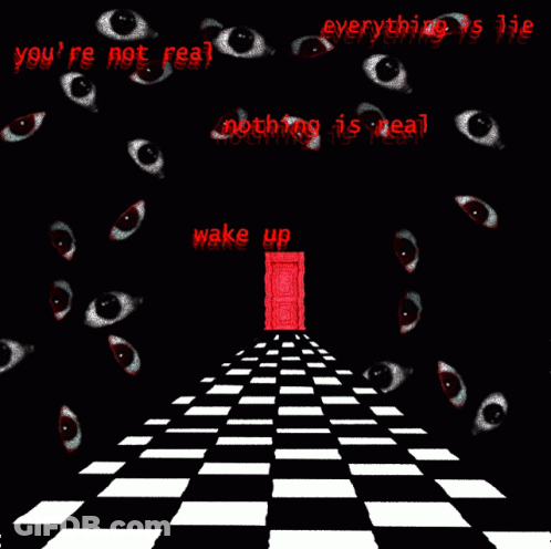 Black And White Checkered Floor With Red Door GIF