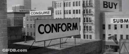 Black And White City With Sign Saying Conform GIF