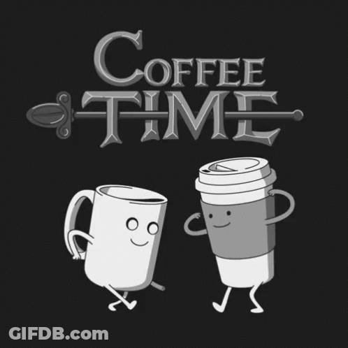 Black And White Coffee Cups With Coffee Time GIF