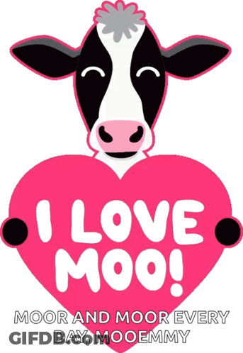 Black And White Cow Holding Heart Saying I Love Moo GIF