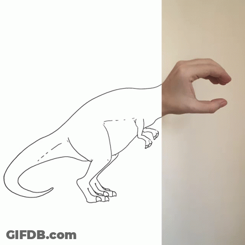 Black And White Dinosaur With Hand Reaching Out GIF