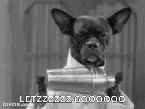 Black And White Dog In Suit Holding Can GIF