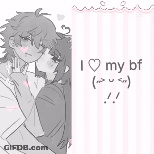 Black And White Drawing Girl Kissing Boy Saying I Love My Bf GIF