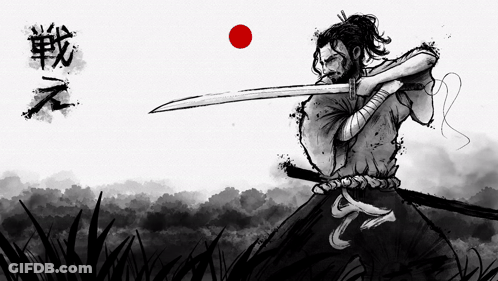 Black And White Drawing Man Holding Sword Red Dot GIF