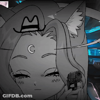 Black And White Drawing Of Cat Girl Holding Gun With C On Forehead GIF