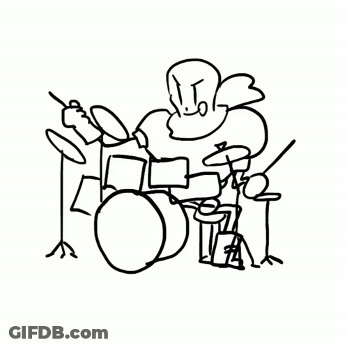 Black And White Drawing Of Drum Set With Drummer GIF
