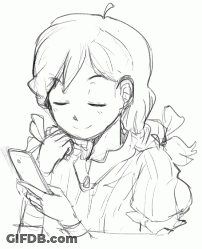 Black And White Drawing Of Girl Looking At Cell Phone GIF