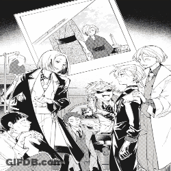 Black And White Drawing Of Group Around Picture Of Man GIF