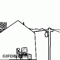 Black And White Drawing Of House With Person At Computer GIF