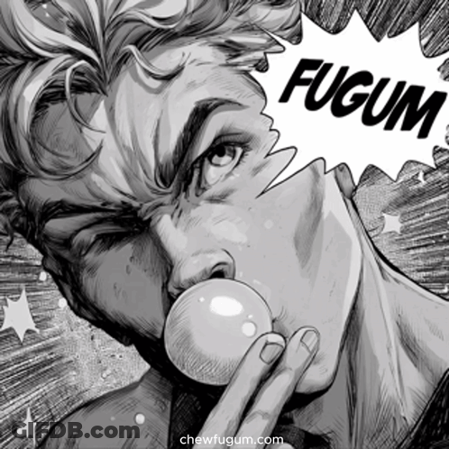 Black And White Drawing Of Man Blowing Bubble Saying Fugium GIF