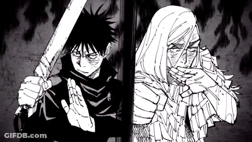 Black And White Drawing Of Man Holding Sword And Woman Covering Face GIF
