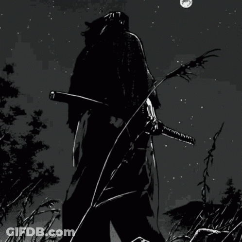 Black And White Drawing Of Man Holding Sword In Field GIF