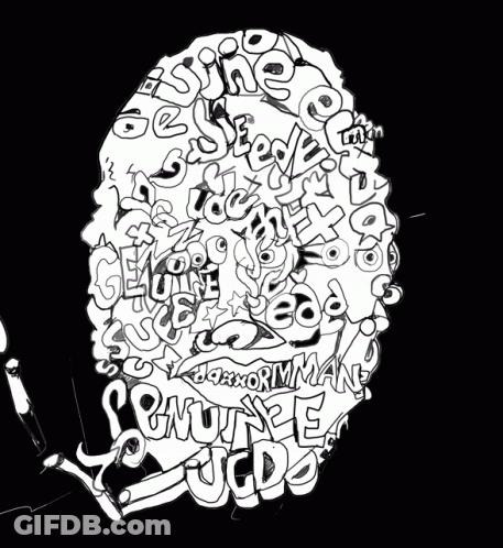 Black And White Drawing Of Man's Face Made Of Letters GIF