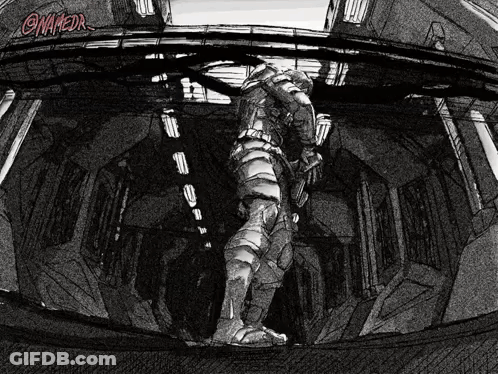 Black And White Drawing Of Man With Omamedr GIF