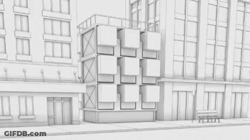 Black And White Drawing Of Row Of Houses And Building GIF