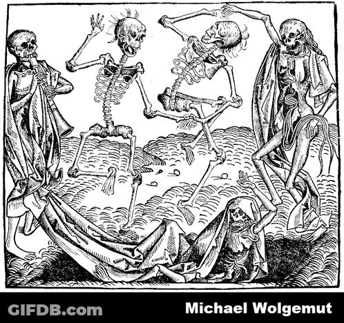 Black And White Drawing Of Skeletons With Michael Wolgemut GIF